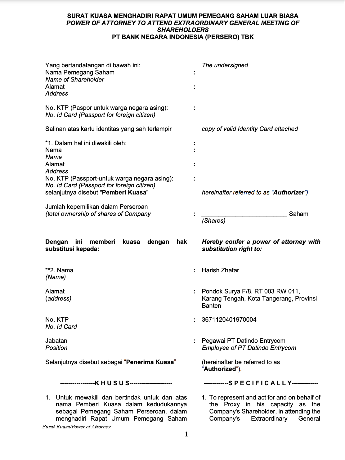 contoh surat kuasa rapat umum pemegang saham